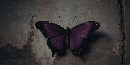 AI Generated. dark purple butterfly on a old concrete wallの素材