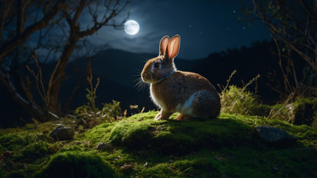 AI Generated. In a captivating nighttime scene, a rabbit sits peacefully on a mossy knoll under the glow of a full moon, surrounded by twinkling lightsの素材
