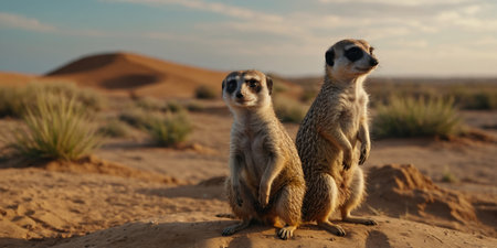 AI Generated. Two curious meerkats stand on their hind legs on a sandy hill and look awayの素材