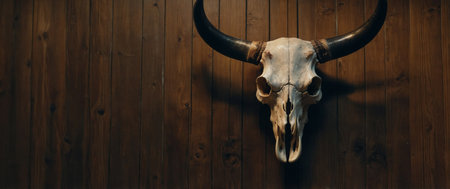 AI Generated. the bull's skull hanging on the wooden wall of the houseの素材