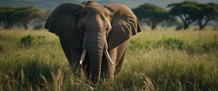 AI Generated. Panorama of elephant walking through long grassの素材