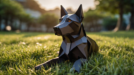 AI Generated. A calm brown and black dog lying on the grass, gazing with soulful eyesの素材