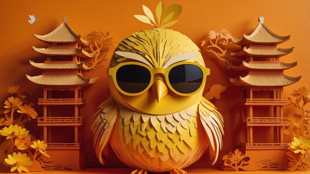 AI Generated. a bright yellow bird wearing sunglasses on a orange backgroundの素材
