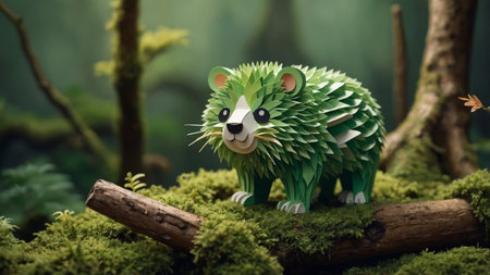 AI Generated. A baby animal with a fuzzy face is standing on a mossy logの素材