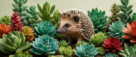 AI Generated. A curious hedgehog peeking through vibrant green succulent leavesの素材