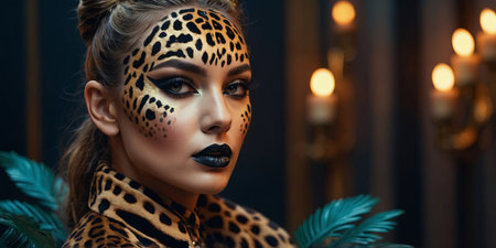 AI Generated. Beauty Fashion Model Girl with Holiday Leopard Makeupの素材