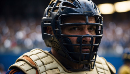 AI Generated. Catcher s protective gear close up getting ready for pitch in summer olympic gamesの素材