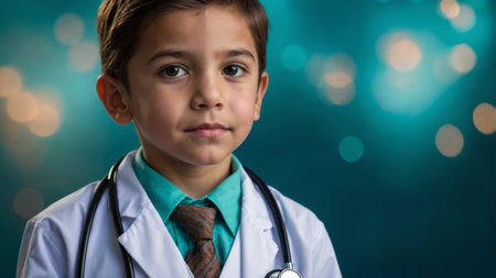 AI Generated. Confident child in doctor's attire with stethoscope on a turquoise background Aspiring young boy portraying a medical professionalの素材