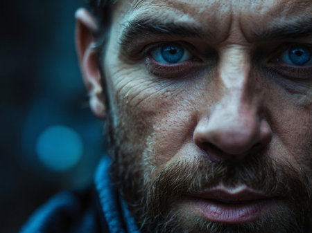 AI Generated. Close-up of a man with striking blue eyes and rugged features in a moody atmosphereの素材