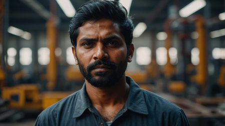 AI Generated. Confident indian male worker or labor standing in the factoryの素材