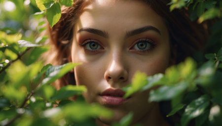 AI Generated. Close up of a woman s captivating eye surrounded by lush green leaves and vibrant blossomsの素材