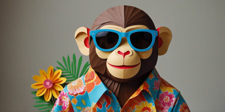 AI Generated. Happy monkey with sunglasses and colorful shirtの素材