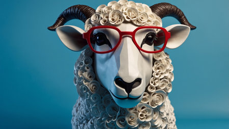 AI Generated. close up of a sheep wearing glasses with copy space on blue backgroundの素材