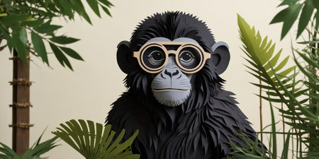 AI Generated. Comical black monkey wearing oversized round glasses in a natural habitatの素材