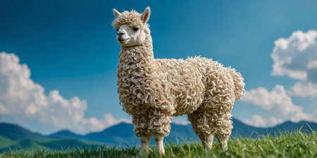 AI Generated. Closeup of a fluffy alpaca, standing gracefully in a lush green field, under a bright sunny sky, clear blue backgroundの素材