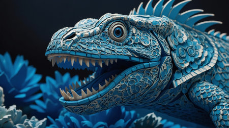 AI Generated. Closeup of a reptiles electric blue fangfilled jaw underwaterの素材