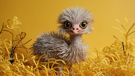 AI Generated. Baby ostrich with big eyes on a yellow backgroundの素材