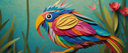 AI Generated. Coraciiformes with colorful feathers holding a fish with its beak on a blurred backgroundの素材