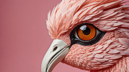 AI Generated. Closeup of a flamingos eye, beak, and feather on pink backgroundの素材