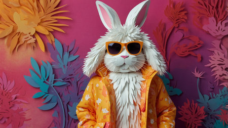 AI Generated. Confident bunny in sunglasses with a fluffy coat, posing seriously on a bright multicolored backgroundの素材