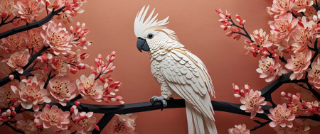 AI Generated. Majestic Cockatoo Amidst Blossoming Berriesの素材