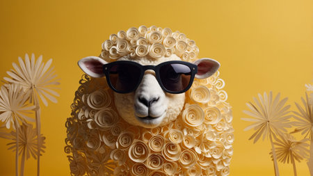 AI Generated. Stylish sheep in sunglasses on yellow backgroundの素材