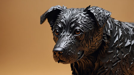 AI Generated. The image shows a black wet nose of a dog in extreme closeup The dogs fur is black, and its eyes are brown The background is out of focus and is a light brown colorの素材