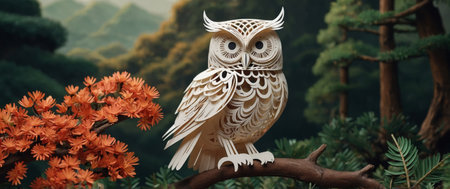 AI Generated. Wise owl wearing hat and coat posing in natureの素材
