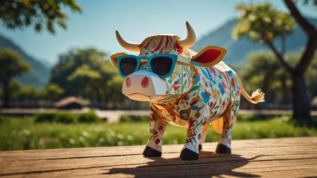 AI Generated. The cow with sunglasses is enjoying a sunny dayの素材