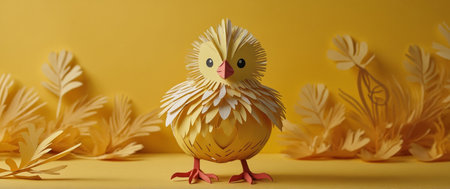 AI Generated. Young chick with yellow feathers is posing on a yellow backgroundの素材
