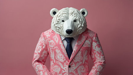 AI Generated. Polar bear pink suit fashion Business concept Fun animal characterの素材