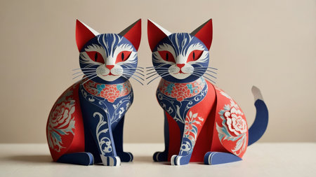 AI Generated. Three cats with accessories and blurred faceの素材