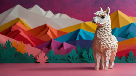 AI Generated. White alpaca looking forward on a colorful background, with copy spaceの素材