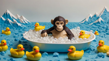 AI Generated. Monkey in a Bubble Bath with Rubber Ducksの素材