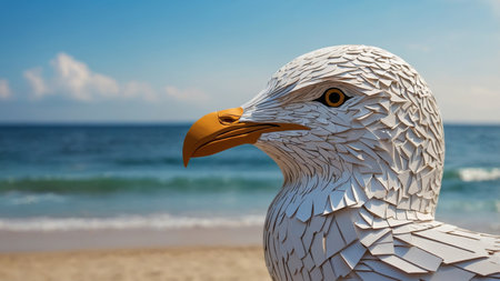 AI Generated. Seagull s head with beach in blurred backgroundの素材