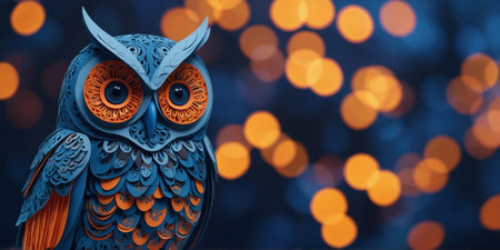 AI Generated. Mystical Blue Owl with Intense Orange Eyes in Dreamy Bokeh Lights Backgroundの素材