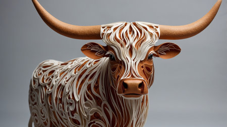 AI Generated. Longhorn cow with shaggy fur and strong presenceの素材