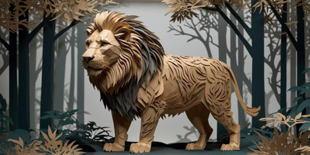 AI Generated. With a focused gaze, this lion strides with confidence through a muted forest landscape, showcasing natural dominanceの素材