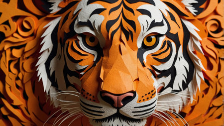 AI Generated. Intense close-up of a tiger's face, highlighting its striking orange fur and fierce gazeの素材