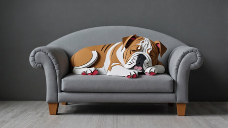 AI Generated. Sleeping bulldog mix puppy on gray couch at homeの素材