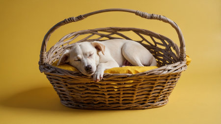 AI Generated. A dog is sleeping in a basket on a yellow background The dog is curled up and he is very relaxedの素材