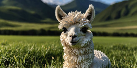 AI Generated. A fluffy baby alpaca with large, soulful eyes in a green fieldの素材