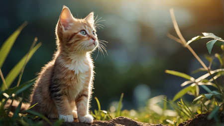 AI Generated. cute kitten looking up in a sunny nature scene with blurred backgroundの素材