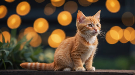 AI Generated. Orange tabby kitten looking away with a bokeh light backgroundの素材