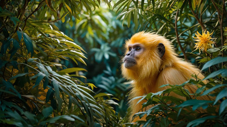 AI Generated. Inquisitive Golden Langur Monkey Peering Through Lush Foliageの素材