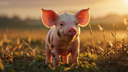 AI Generated. Warm sunlight bathes a piglet standing in a field during the golden hour with a soft focus backgroundの素材