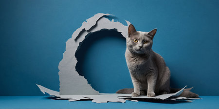 AI Generated. Gray cat entering hole on blue background torn paper pet damage blank areaの素材