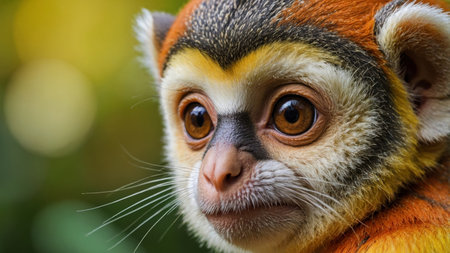 AI Generated. Close-up of a cute common squirrel monkey face in natureの素材