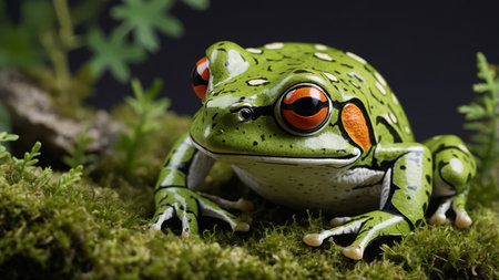 AI Generated. A vivid close-up captures a gliding frog, its mouth slightly ajar in a way that mimics human laughter, as it rests comfortably upon a lush bed of mossの素材