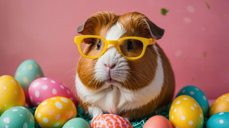 AI Generated. A cute guinea pig with yellow glasses surrounded by colorful Easter eggs on a plush backgroundの素材